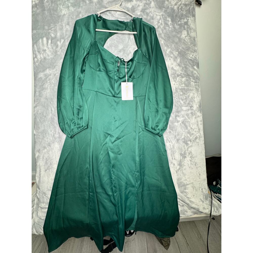 NWT WAYF Satin Bustier Midi Dress Smocked‎ Back Front Slit Long Sleeve Women L